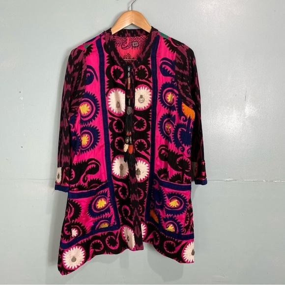 Suzi Click Floral Embroidered Pink Aztec Native Pink‎ Tribal Jacket OS - Picture 1 of 9